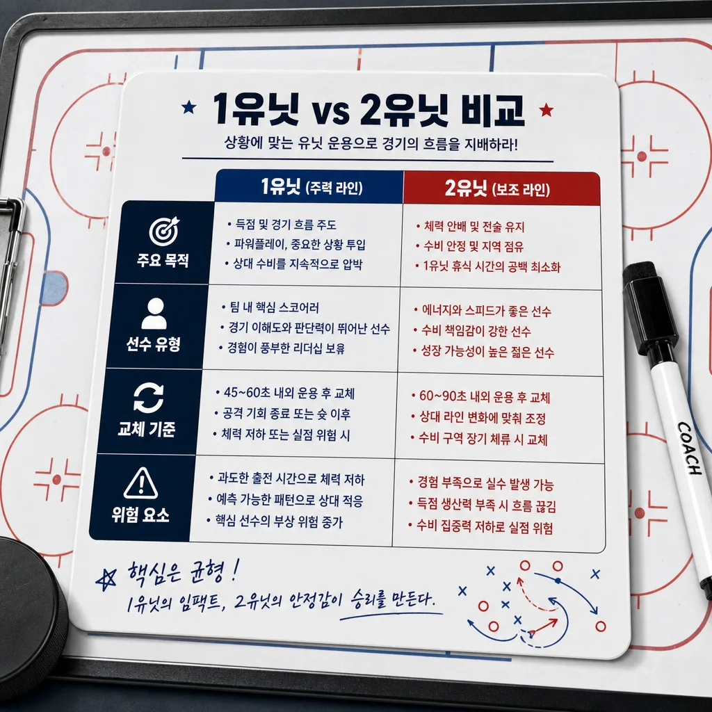파워플레이 라인 운용에서 1유닛과 2유닛 역할 비교표