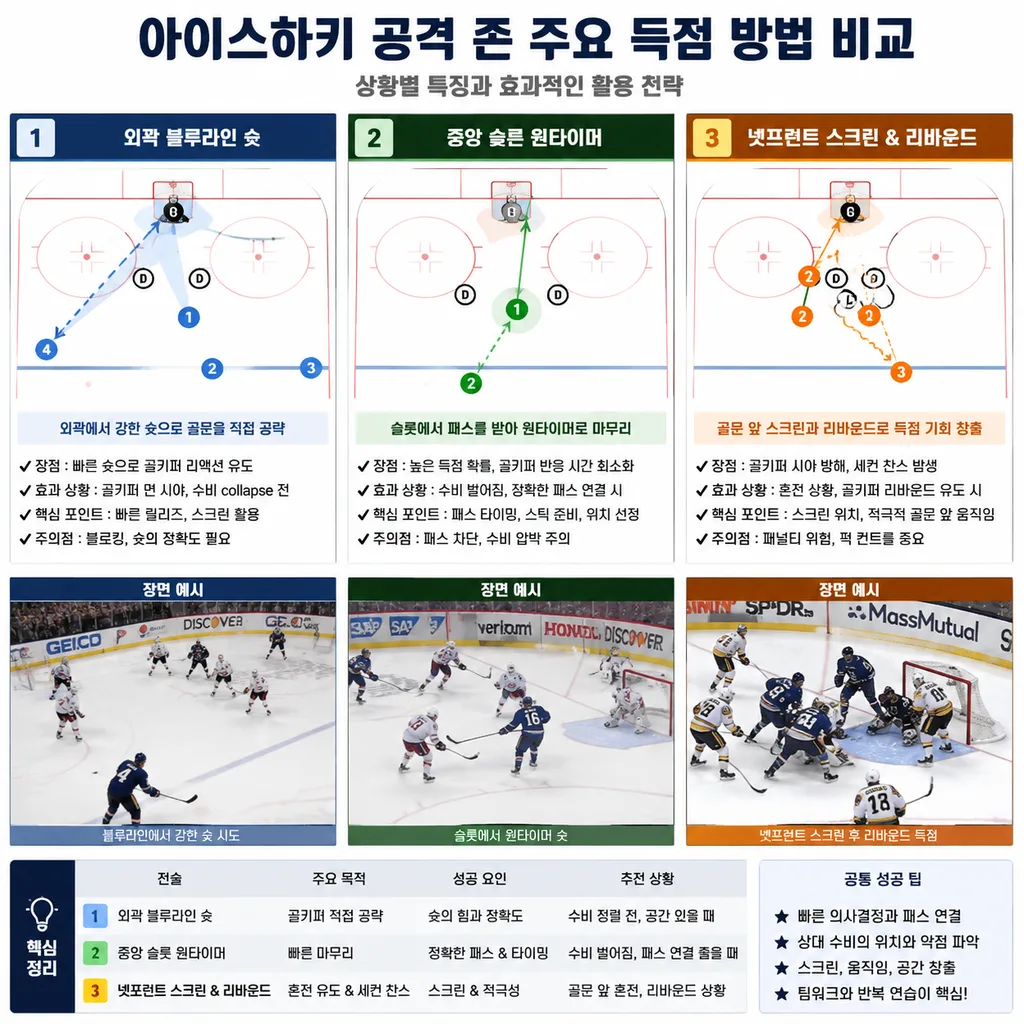 파워플레이 슛의 질을 비교하는 슬롯 원타이머와 외곽 슛 예시